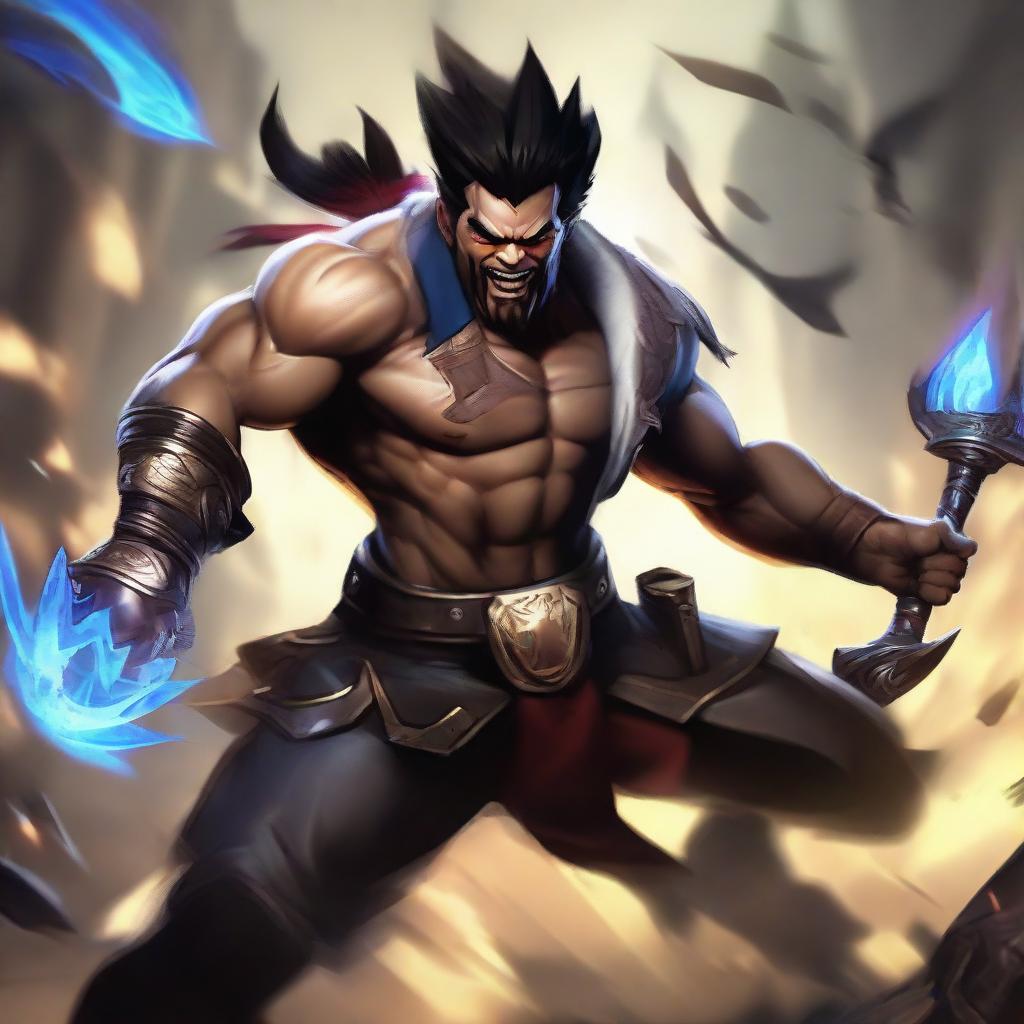 An intense action scene from League of Legends showing Draven scoring a dominating Pentakill, his signature spinning axes swinging through the air with raw power and precision.