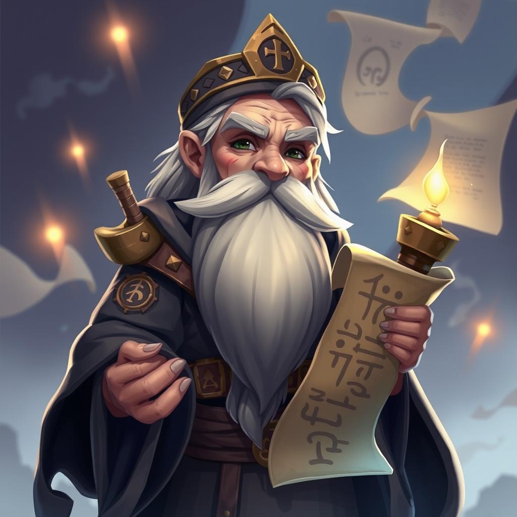 A wise character for a video game themed around scrolls, depicted as a short guardian of silence
