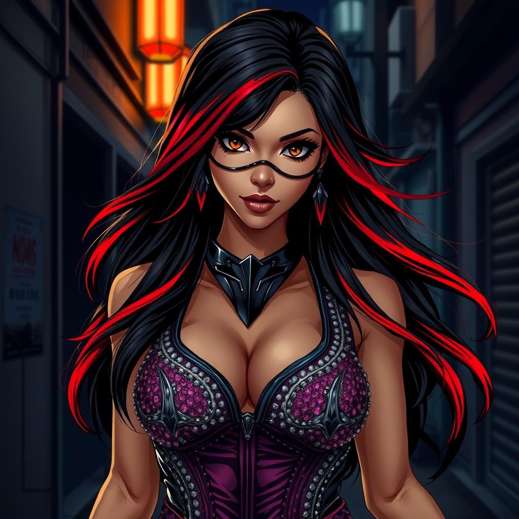 A charismatic Latina woman with mesmerizing brown eyes and long, flowing dark hair featuring vibrant red highlights