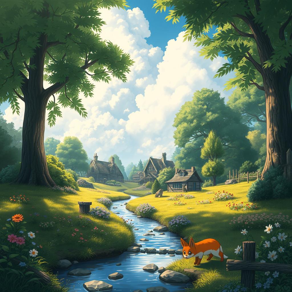 A whimsical and enchanting scene inspired by Studio Ghibli art style, featuring a lush green forest with towering trees, whimsical creatures, and beautiful flowers