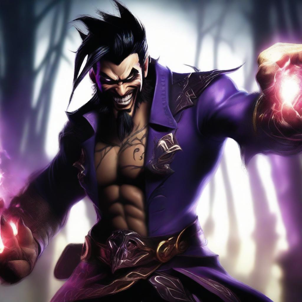 A chilling portrayal of Draven from League of Legends, imbued with elements of horror. Dark shadows and eerie lighting highlight his sinister grin, intensifying the dread.