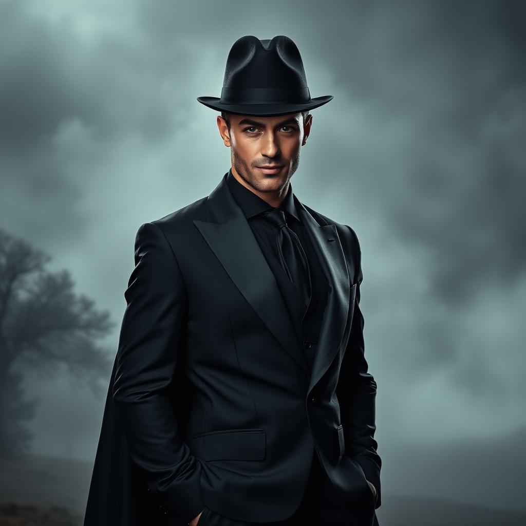 A charismatic and dapper man personifying Death, dressed in an elegant black suit with a fitted silhouette, a stylish black cape billowing behind him, and a classic fedora tilted at a jaunty angle