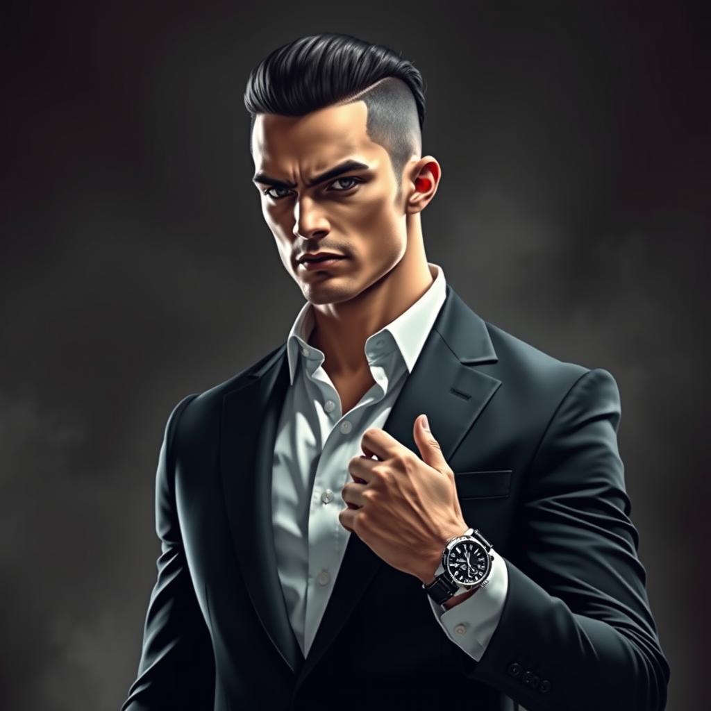 Death depicted as a tall and athletic man with chiseled facial features, jet black hair styled back in a modern cut