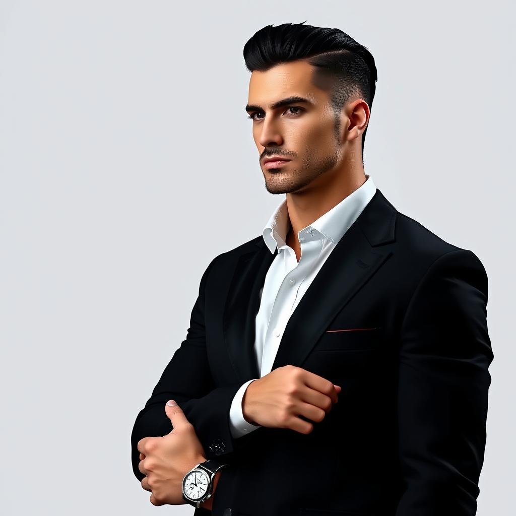 A tall and athletic man representing Death, characterized by chiseled facial features, jet black hair styled back in a modern cut, sharp jawline, high cheekbones, and piercing eyes