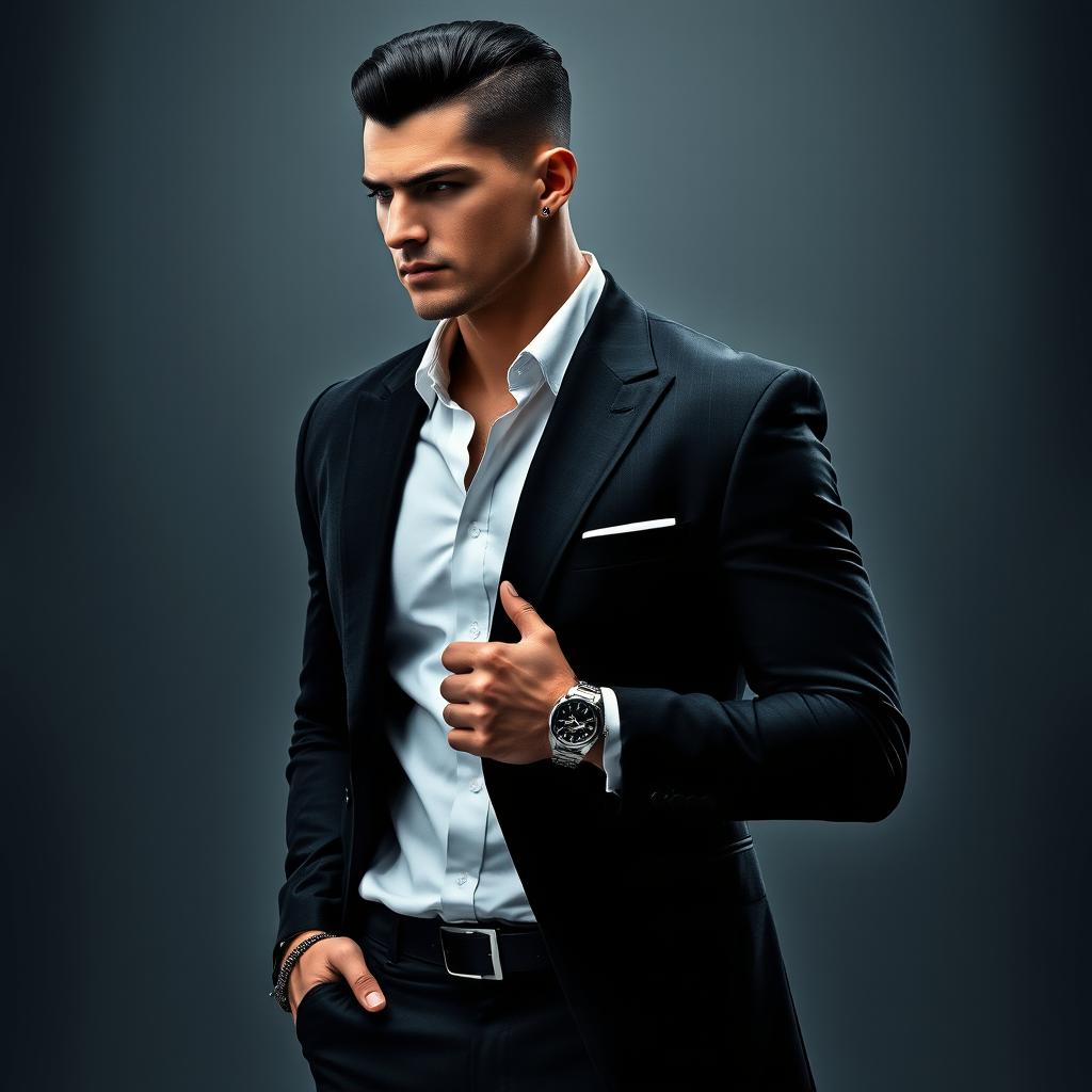 A tall and athletic man representing Death, characterized by chiseled facial features, jet black hair styled back in a modern cut, sharp jawline, high cheekbones, and piercing eyes