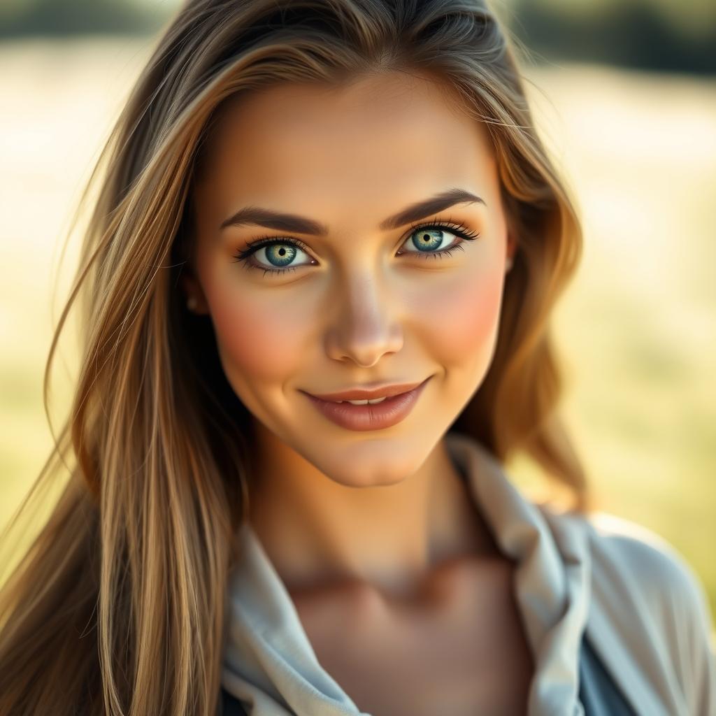 A portrait of a beautiful woman facing directly forward, her long flowing hair cascading down her shoulders