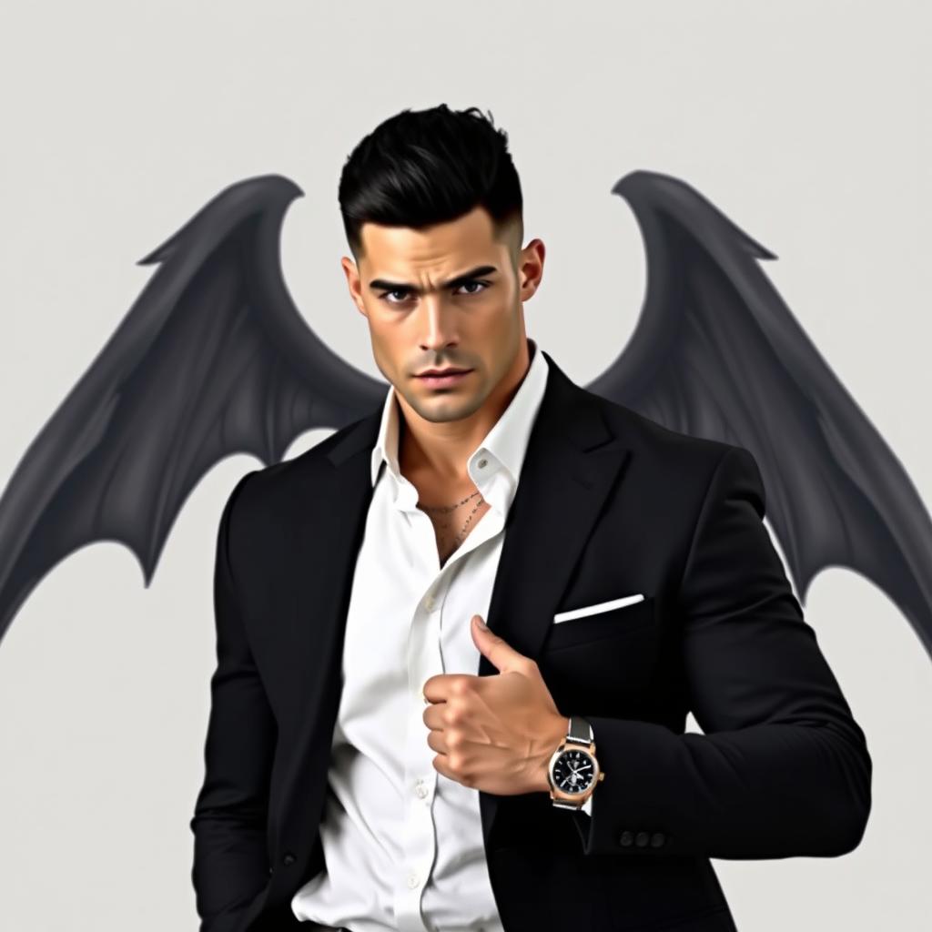 A tall and athletic man embodying Death, with chiseled facial features, jet black hair styled back in a modern cut