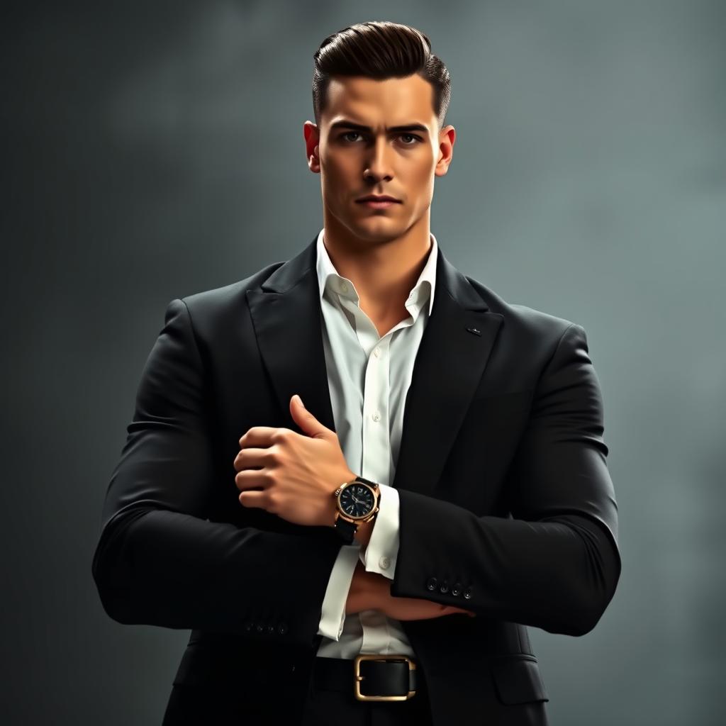 A tall and athletic man embodying Death, featuring chiseled facial features, jet black hair styled back in a modern cut, sharp jawline, high cheekbones, and piercing eyes