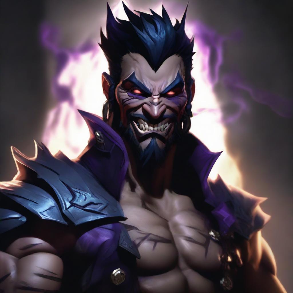 A chilling portrayal of Draven from League of Legends, imbued with elements of horror. Dark shadows and eerie lighting highlight his sinister grin, intensifying the dread.