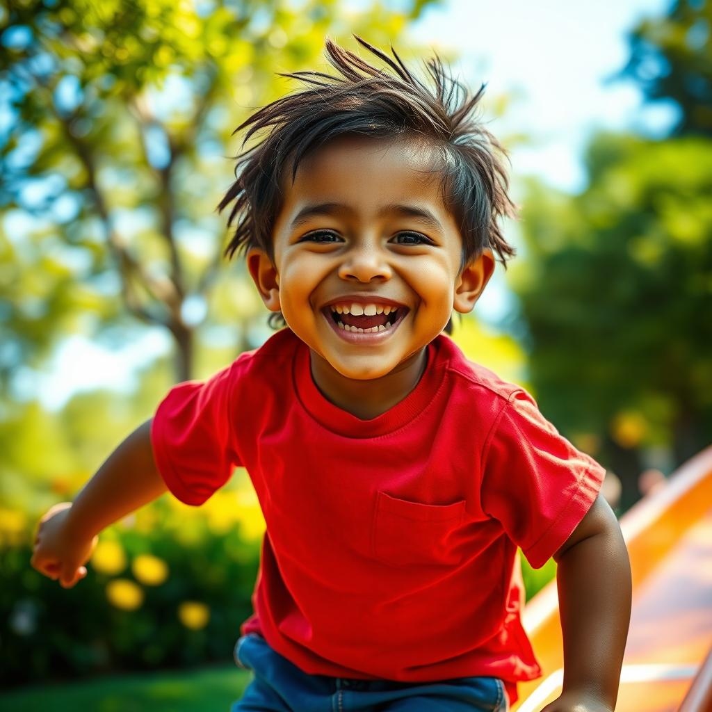 Un niño pequeño con una gran sonrisa, abriendo la boca con entusiasmo mientras juega en un parque soleado