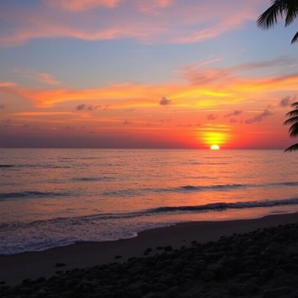 A stunning sunset over a calm ocean, with vibrant colors in the sky, orange, pink and purple hues blending beautifully