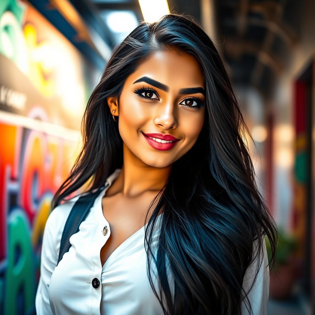 A stunning portrait of Yasmin Nasir, a young, confident woman with long, flowing black hair and radiant, flawless skin