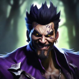 A chilling portrayal of Draven from League of Legends, imbued with elements of horror. Dark shadows and eerie lighting highlight his sinister grin, intensifying the dread.