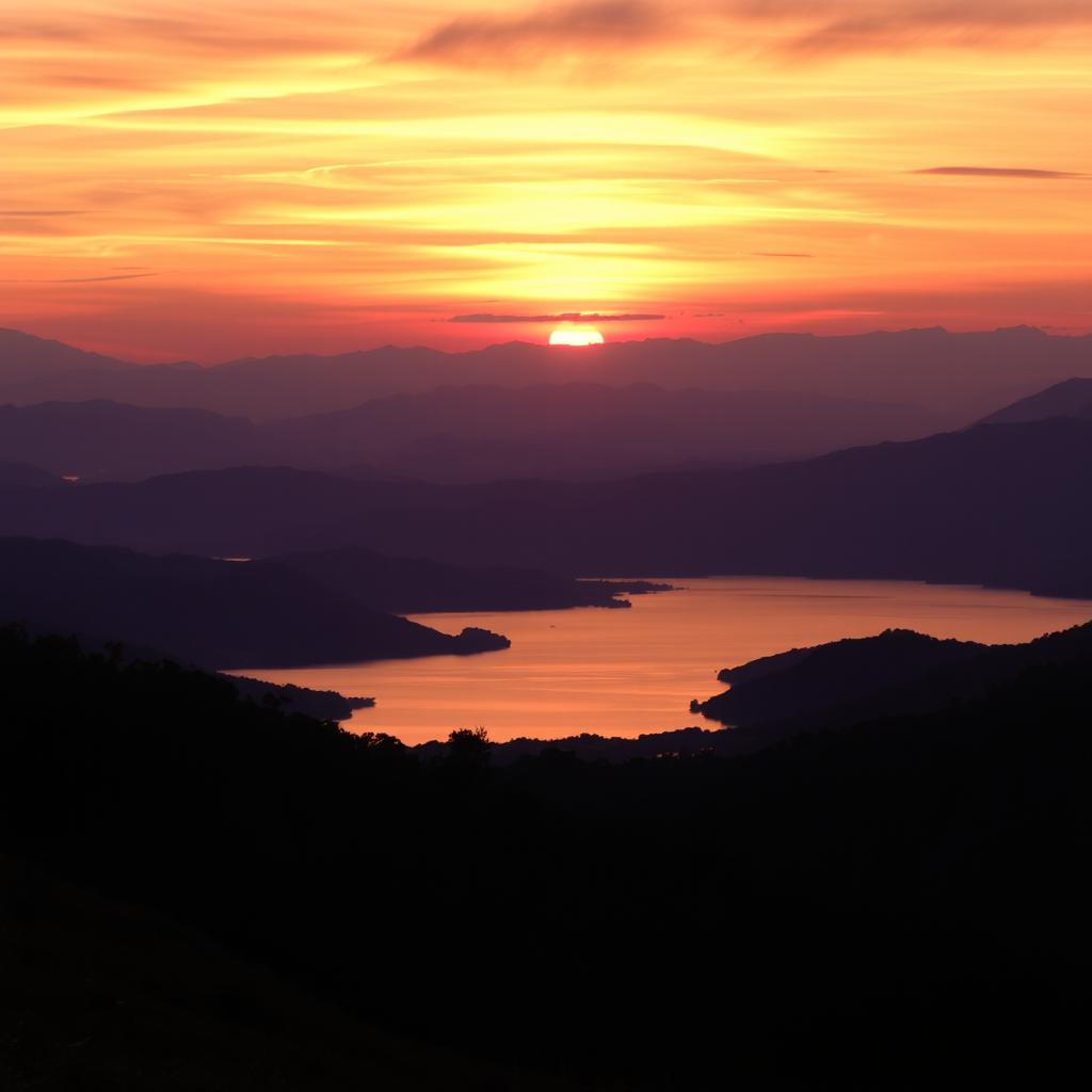 A breathtaking landscape during sunset, showcasing a vibrant sky painted in hues of orange, pink, and purple