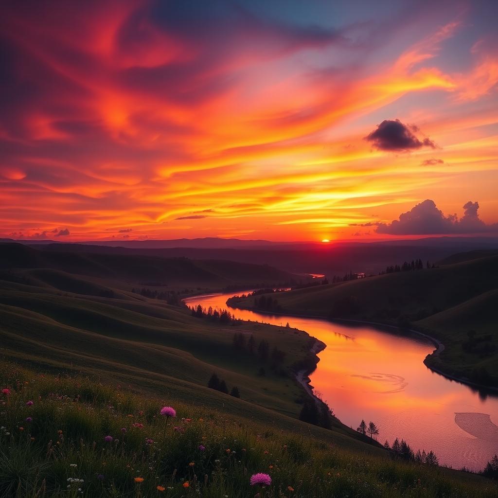 A beautiful sunset landscape, featuring a dramatic sky filled with vibrant colors of orange, pink, and deep purple as the sun sets on the horizon