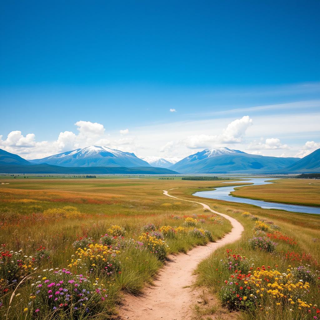 A picturesque landscape scene featuring a vast, open field under a clear blue sky
