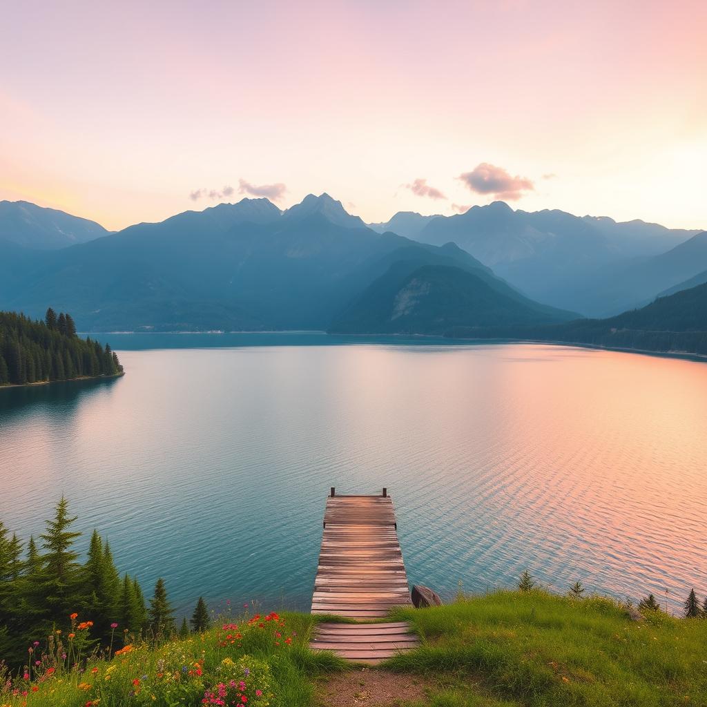 A breathtaking landscape showcasing a serene lake surrounded by majestic mountains, with lush green forests in the foreground