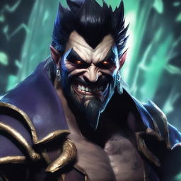 A chilling portrayal of Draven from League of Legends, imbued with elements of horror. Dark shadows and eerie lighting highlight his sinister grin, intensifying the dread.