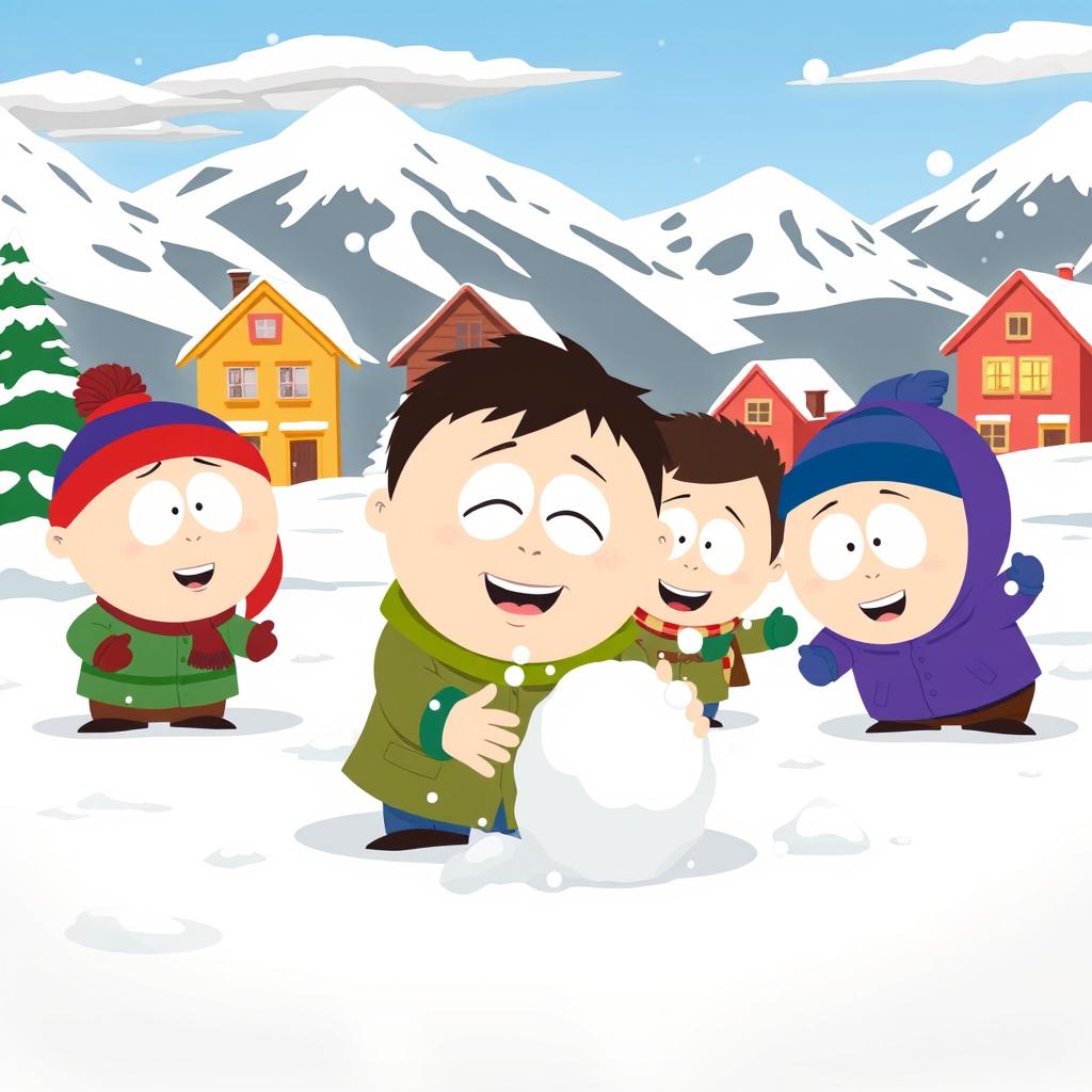 A vibrant, detailed scene in the style of South Park, featuring five main characters with exaggerated features: large heads, small bodies, and distinct clothing, all showcasing a playful, cartoonish atmosphere