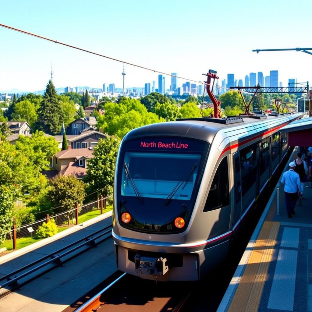 A sleek commuter rail named 'North Beach Line' gliding through the vibrant Seattle suburbs