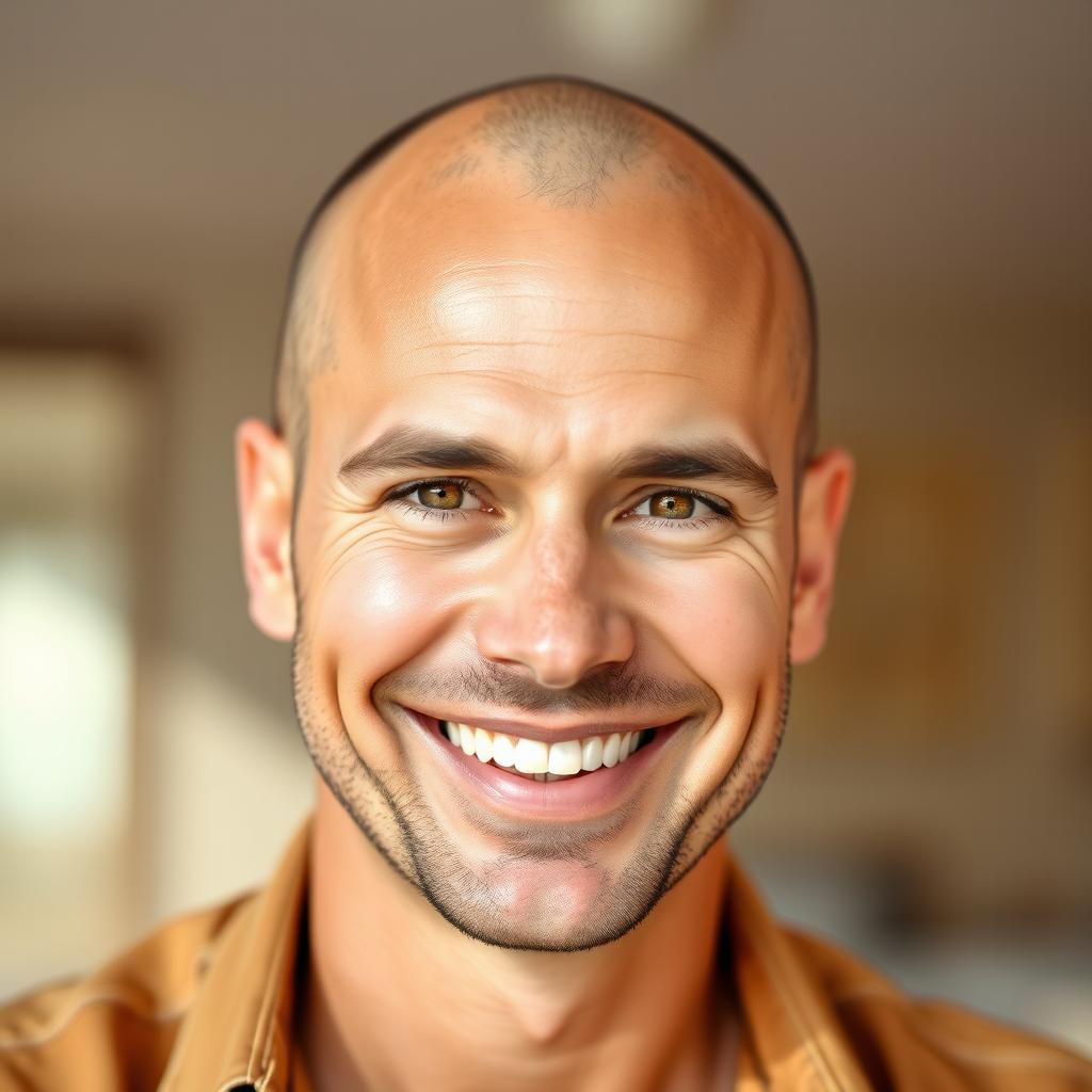 A portrait of a confident man without hair, smiling warmly