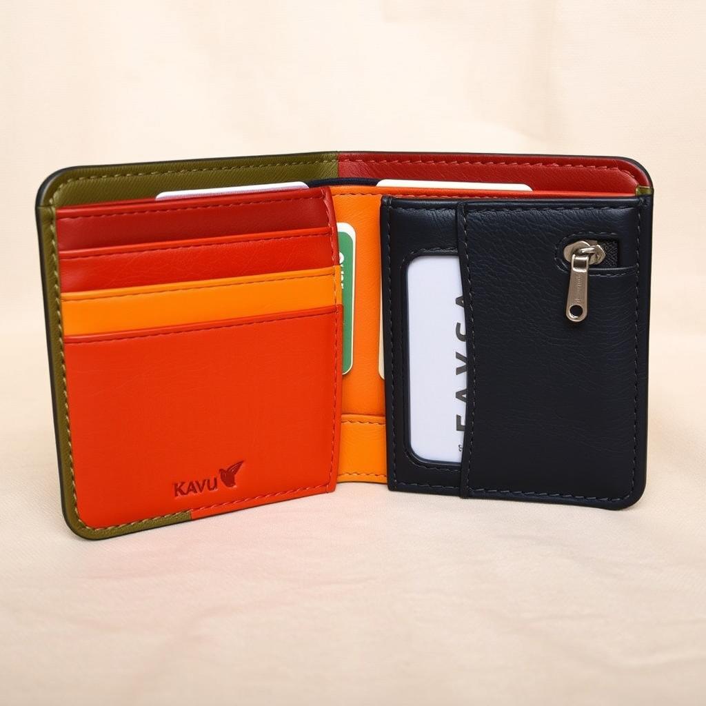 A minimalist Kavu leather wallet featuring a design that is practical and stylish, incorporating a variety of colors