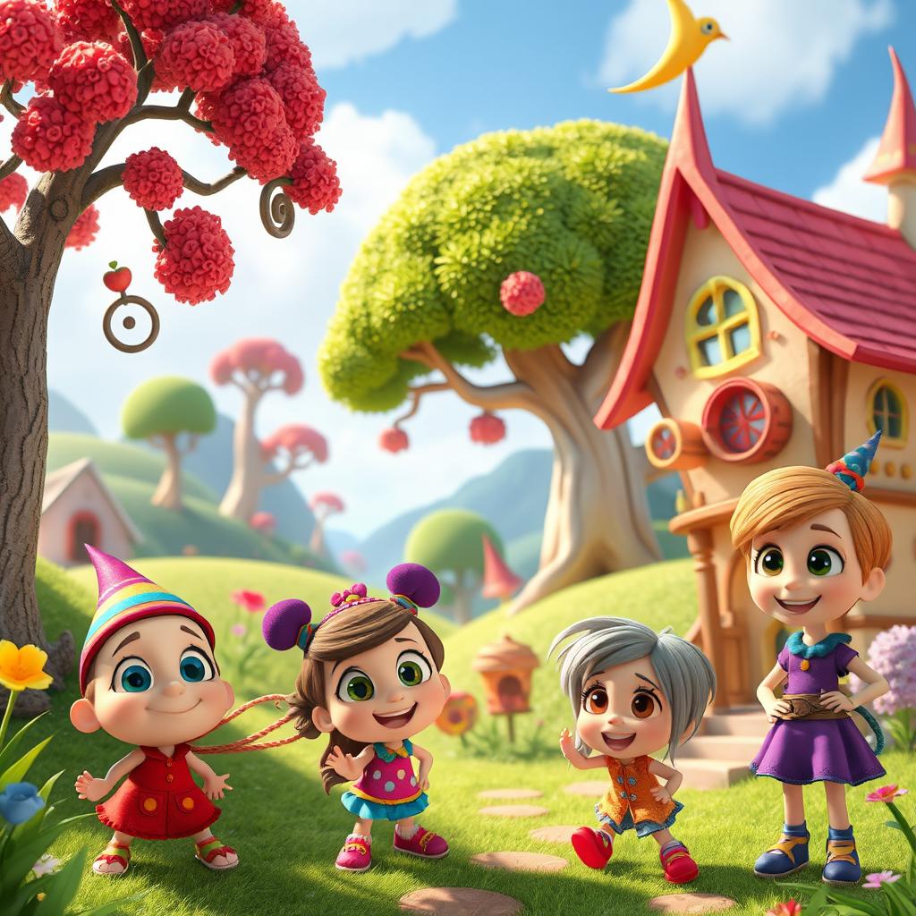 A vibrant and colorful scene set in a fantasy world, featuring charming characters with big expressive eyes and exaggerated features typical of Disney Pixar animation