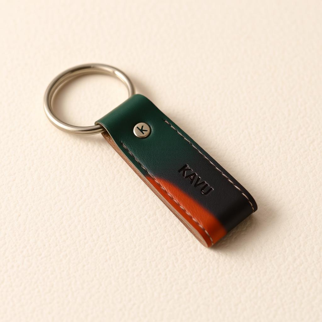 A minimalist leather keychain designed in a variety of colors, branded as Kavu