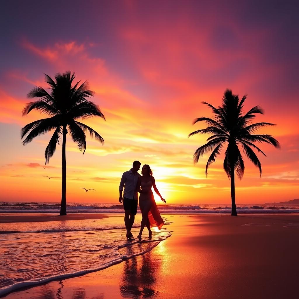 A vibrant sunset over a serene beach, with soft waves gently lapping against the shore