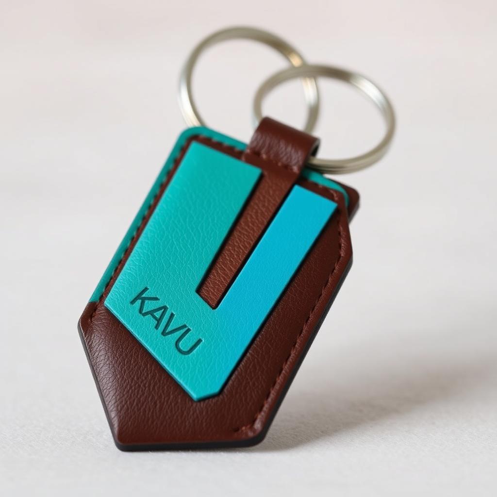 A unique minimalist leather keychain made with pieces of leather in two contrasting colors, branded as Kavu