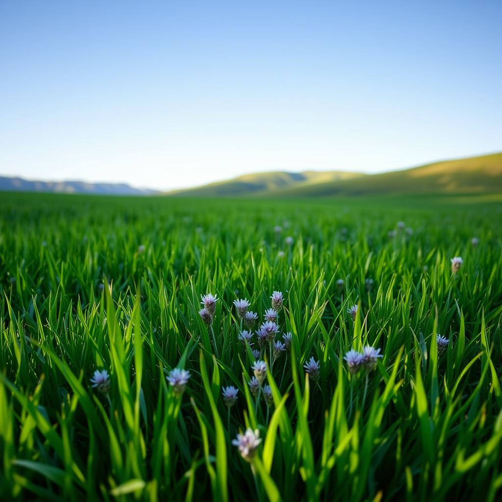 A serene landscape featuring a lush green grass field beautifully adorned with small clusters of lavender flowers