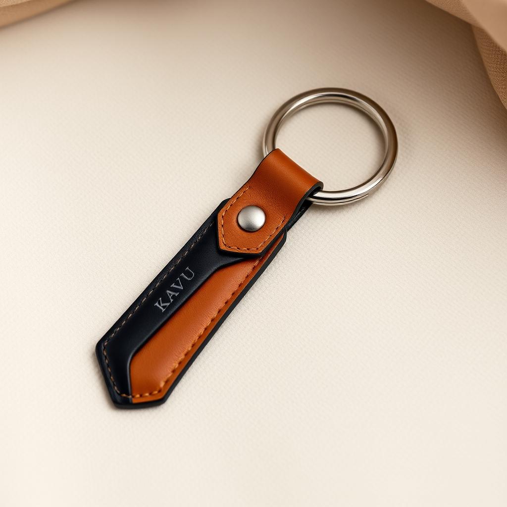 A minimalist leather keychain inspired by the elegant design style of Loewe, branded as Kavu