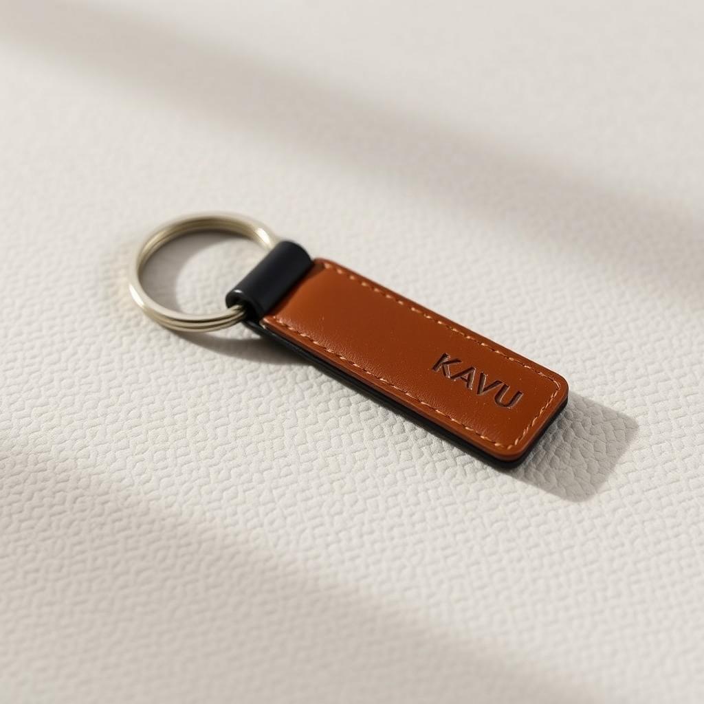 A minimalist leather keychain inspired by the elegant design style of Loewe, featuring the Kavu logo