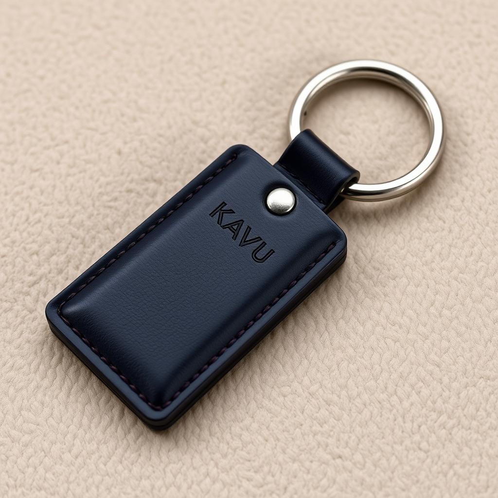 A sophisticated leather keychain inspired by the elegant aesthetics of Loewe, featuring the Kavu logo