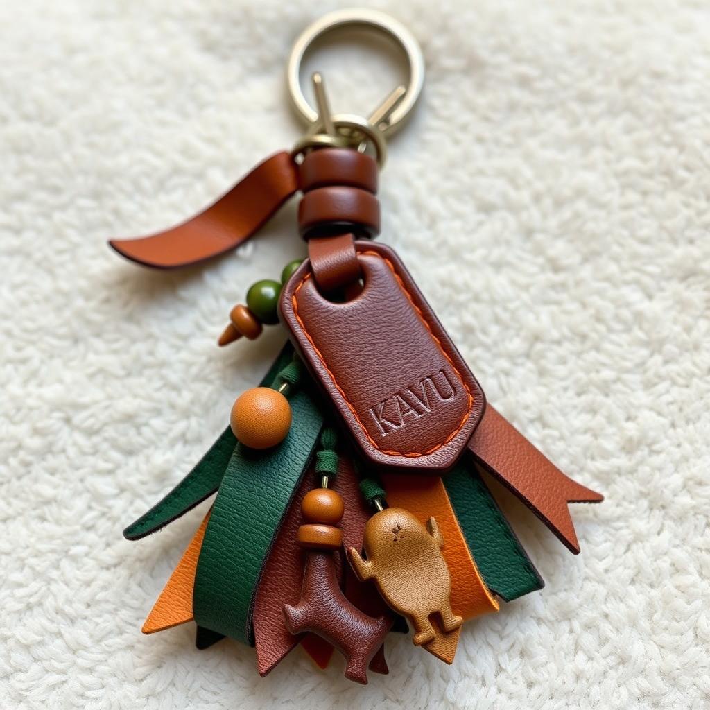 A stylish leather keychain inspired by the design aesthetic of Loewe, featuring decorative leather ribbons, beads, and animal or geometric shapes