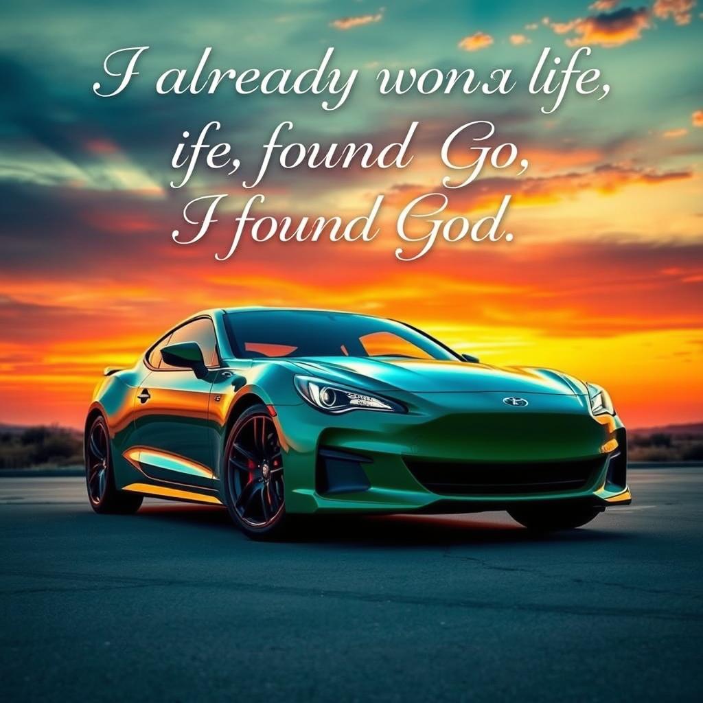 A breathtaking artistic scene featuring a vibrant sunset in the background, casting a warm glow over a sleek car that retains its original color