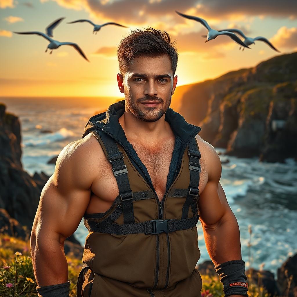 A muscular Irish waterman standing confidently at the edge of a rocky coastline, with rugged cliffs and crashing waves in the background