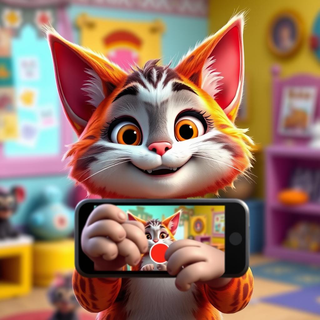 A 3D Disney-style female cat character engaging in a video call, her upper half visible only on a smartphone screen