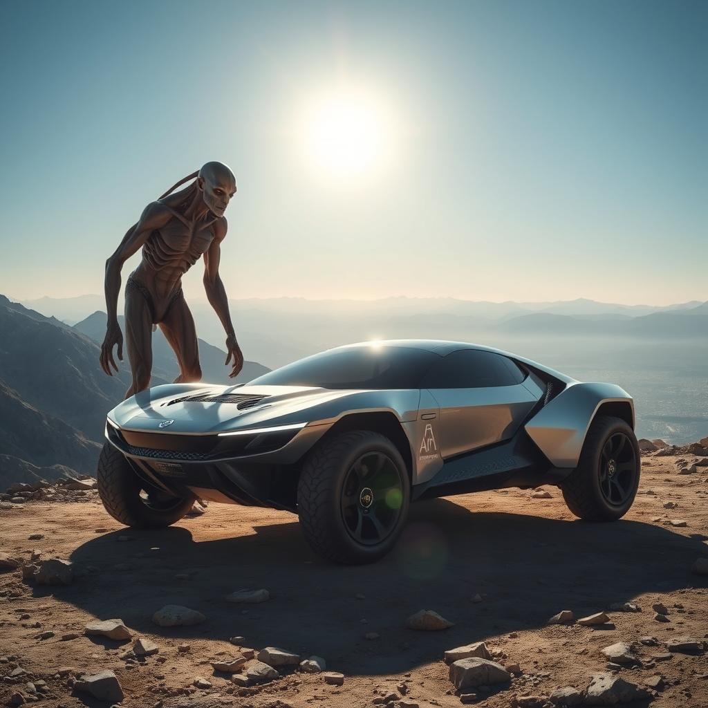 A futuristic 21st-century car designed for mountainous and rocky terrain, with sleek and aerodynamic features