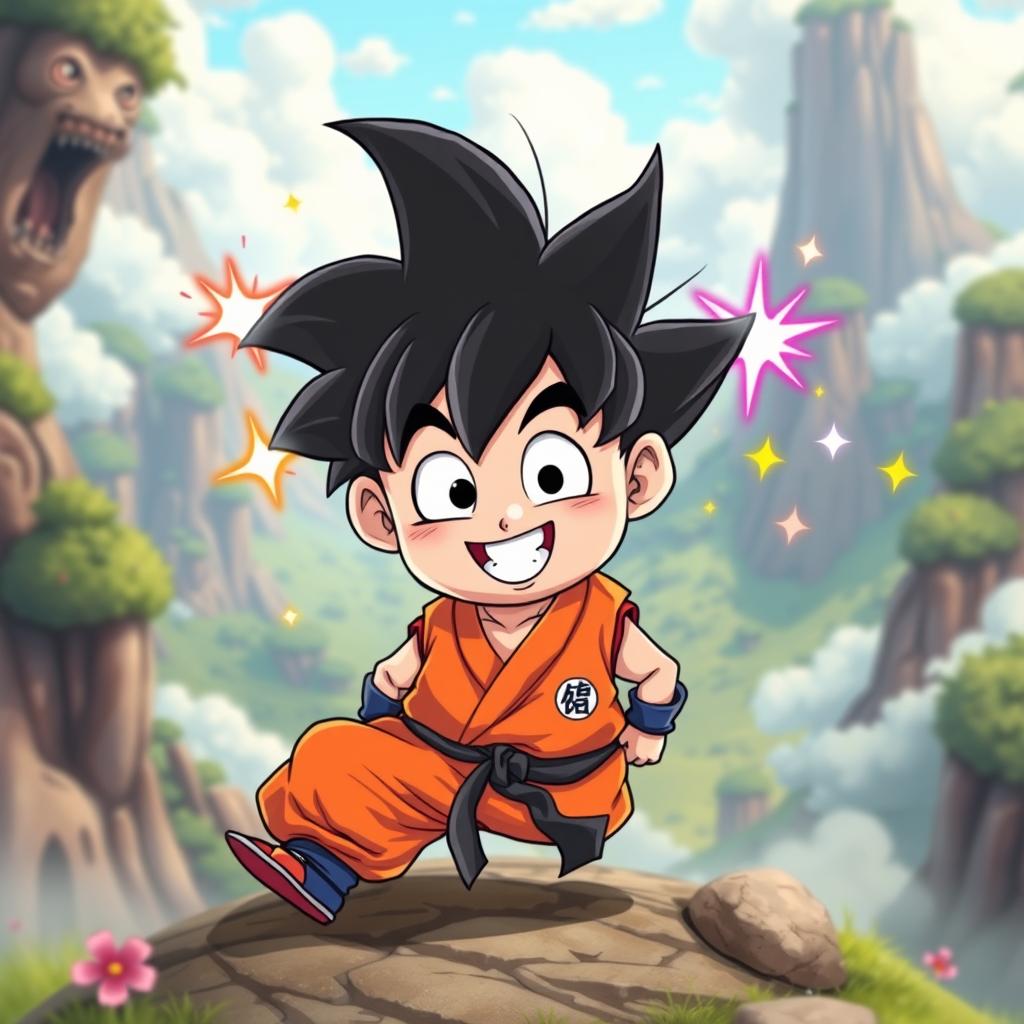 A humorous and whimsical interpretation of Goku, depicted in a comically exaggerated round body shape, wearing his trademark orange gi