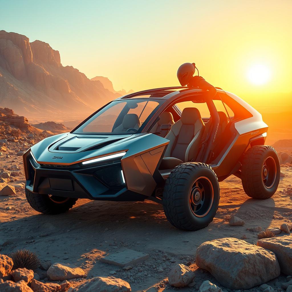 A futuristic 21st-century car designed for powerful beings 3 to 4 meters tall with strong legs and weak arms, featuring a spacious interior to accommodate their unique anatomy and three-fingered hands