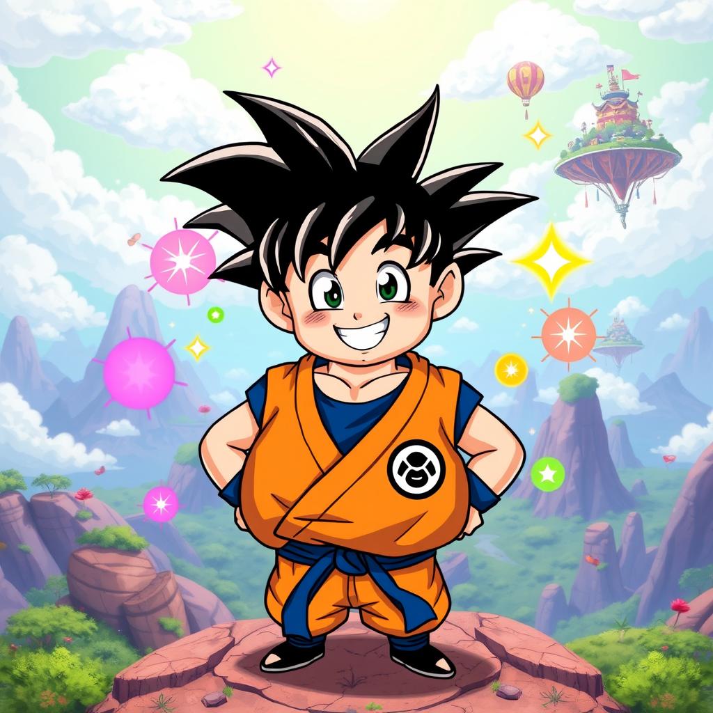 A humorous and whimsical interpretation of Goku, depicted with an exaggerated round body shape, showcasing a playful and comical side