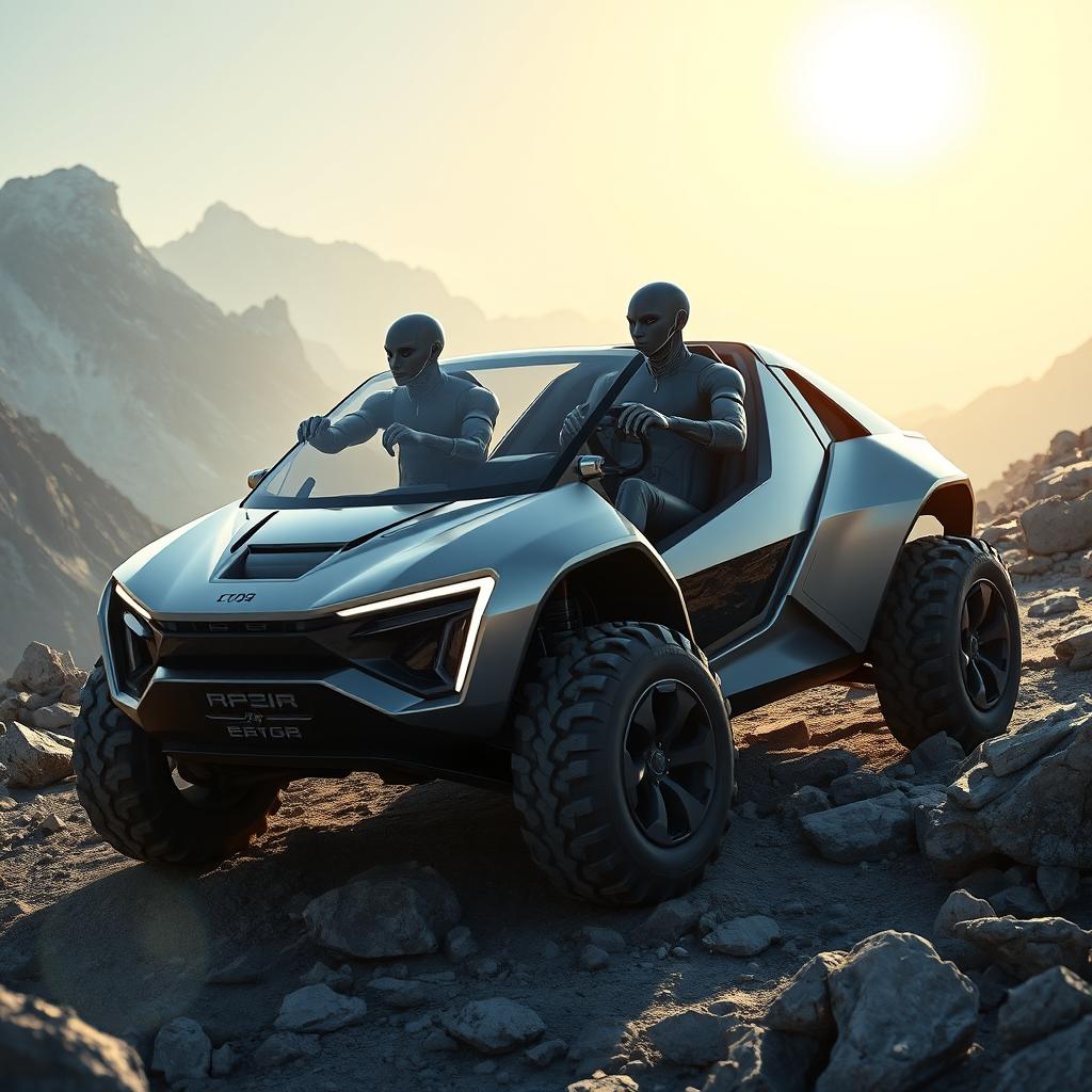 A futuristic 21st century car designed for mountainous and rocky terrains, set against a bright, intense sunlight backdrop