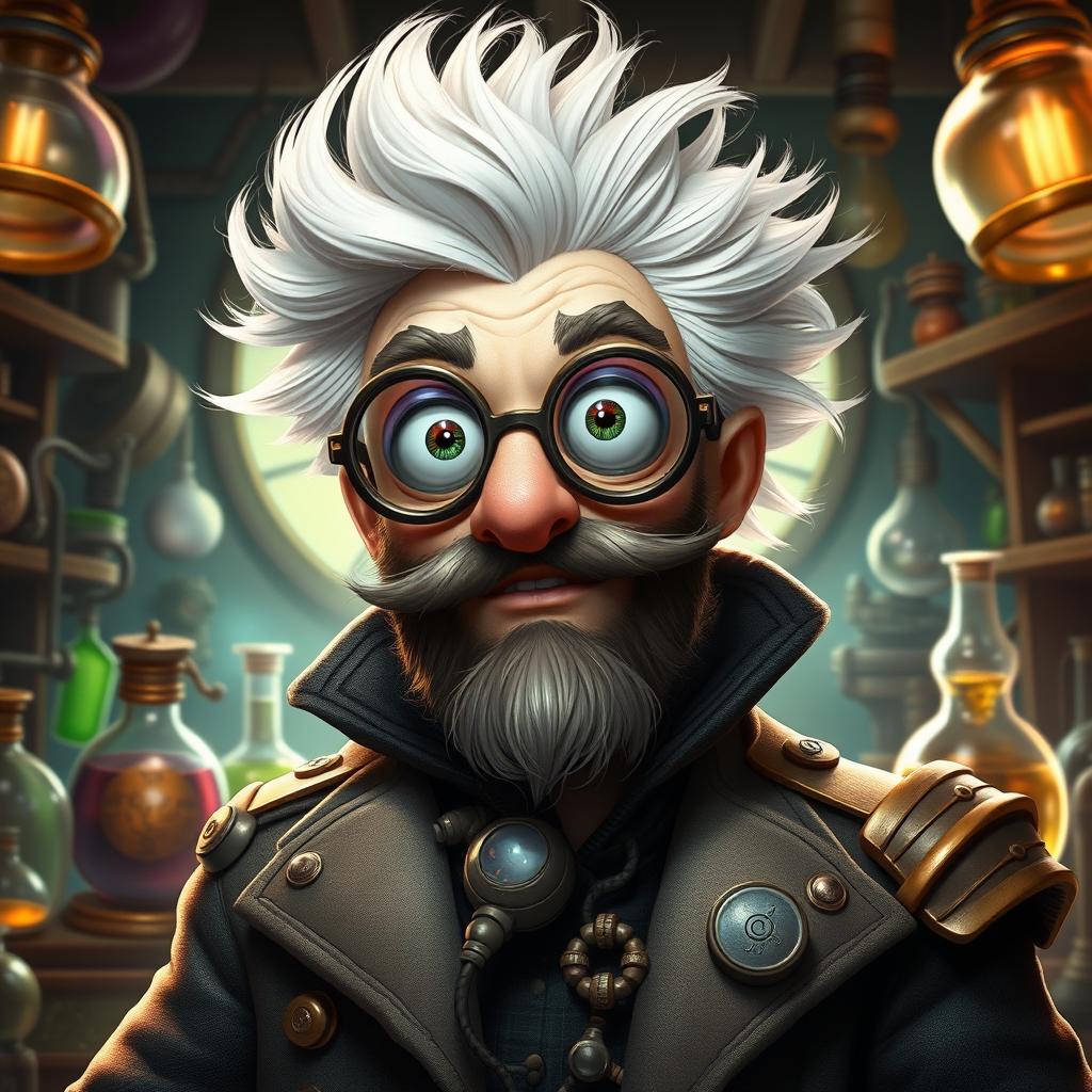 A hyper-realistic rendition of a character resembling Heimerdinger from League of Legends, infused with the face of the attached image