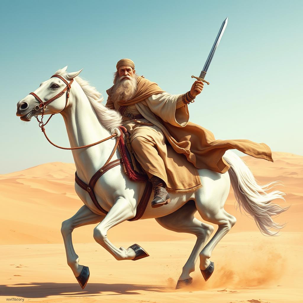 A majestic depiction of an old Islamic warrior from the early era of Islam