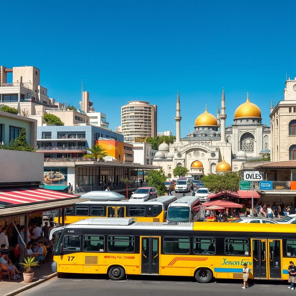 A vibrant cityscape of Jerusalem showcasing a bustling scene that includes a lively restaurant with outdoor seating, a modern bus station with buses arriving, a sleek train passing through, a contemporary shopping mall filled with shoppers, an elegant mosque with intricate architecture, a colorful market overflowing with fresh produce and goods, a bright yellow bus transporting people, and a school with students interacting outside