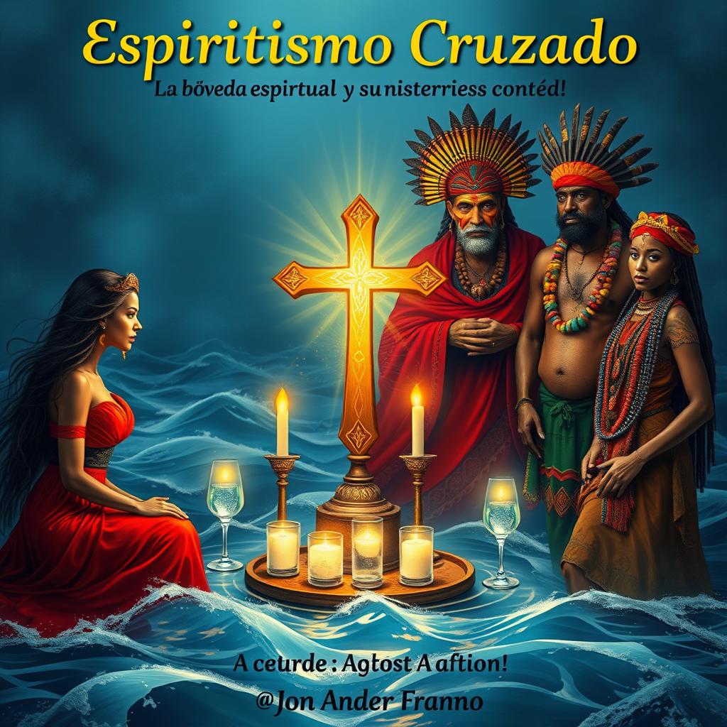 A mystical oceanic setting featuring Yemayá and Olokun, with a central spiritual altar (bóveda espiritual) adorned with a glowing cross, candles, and glasses of water radiating spiritual energy