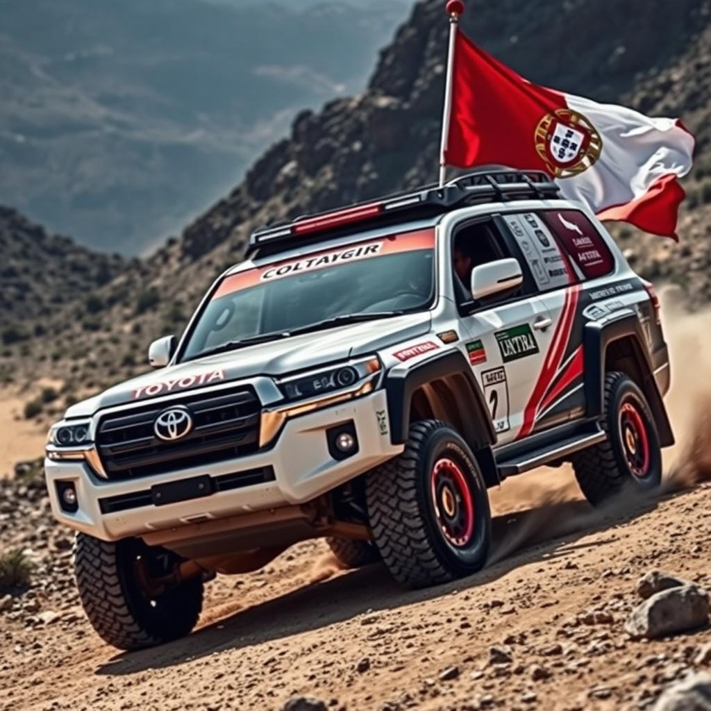 A sleek Toyota Land Cruiser LC300 T1+ Dakar in an off-road environment, featuring a vibrant white flag with Portuguese design elements fluttering beside it