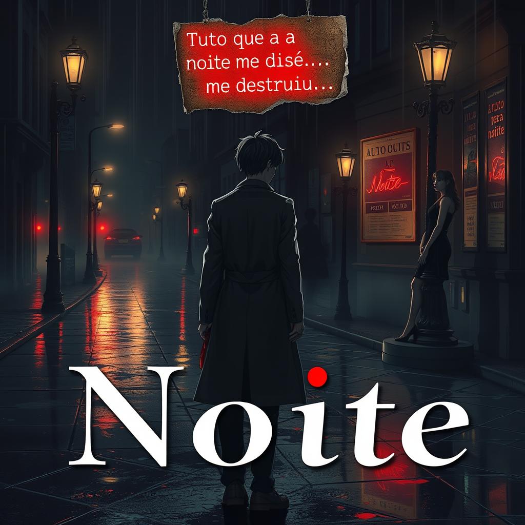 A contemporary noir-style cover featuring a deserted and rainy street at night, illuminated by antique lampposts casting reflections on the wet pavement