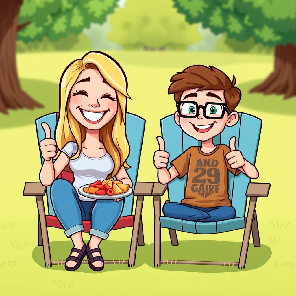 A colorful cartoon-style illustration of a happy woman and a teenage boy sitting in lawn chairs outdoors